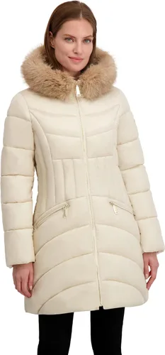 Vista 26 de Laundry by Shelli Segal womens Quilted Puffer Coat with Faux Fur-Trimmed Hood & Fit-and-Flare Waist Hueso