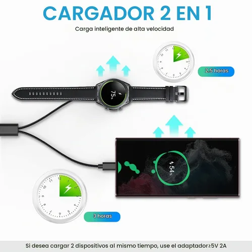 Vista 4 de Cargador magnético 2 en 1 USB-C para Samsung Galaxy Watch 7/6/5/4/3/Classic, Pro 5/4, Active Watch 2/1, Galaxy Buds/Live/+, cable de carga rápida