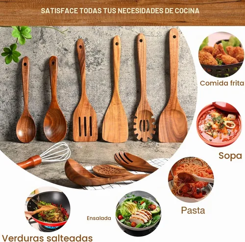 Vista 5 de Cuchara de madera de teca prémium para cocinar, juego de utensilios de cocina de madera antiadherentes de 10 piezas, cucharas de madera resistentes