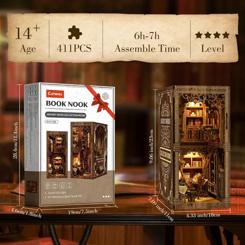 Vista 2 de Kit de rincón de libros – (edición clásica) – Rompecabezas de madera en miniatura de bricolaje Sala de colección de libros vintage con luces LED