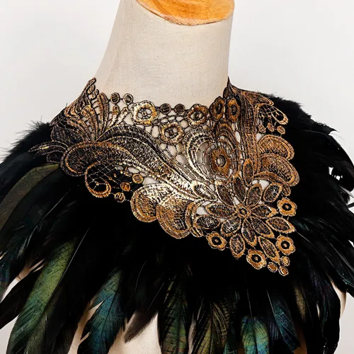 Vista 5 de L'VOW Real Negro Pluma Arnés Collar Collar Collar Babero Halloween