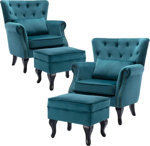 Vista 37 de Juego de 2 sillas decorativas modernas de mediados de siglo, sillón de tela de lino con respaldo acolchado/patas de madera, sillón de descanso