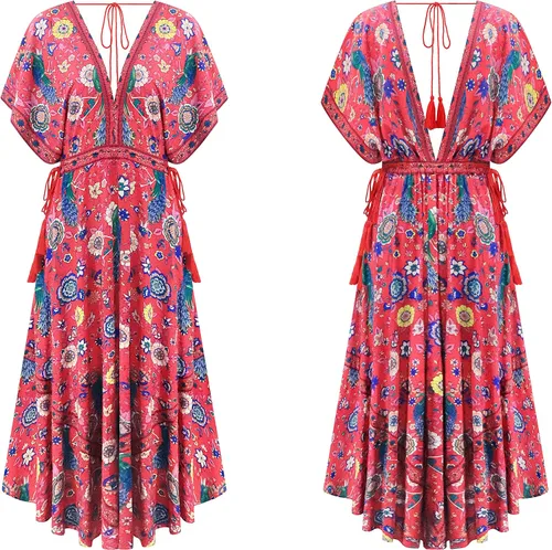Vista 6 de R.Vivimos Vestidos largos de playa de algodón con cuello en V profundo y estampado de verano para mujer