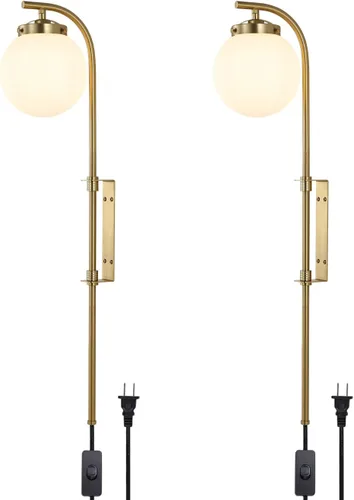 Vista 8 de ELEHINSER Juego de 2 apliques de pared negros con pantalla de globo, modernas lámparas de pared para interiores con enchufe con interruptor, luz