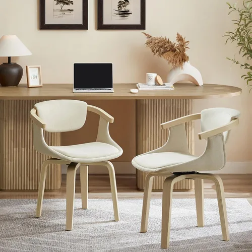 Vista 13 de Zouron Silla de escritorio sin ruedas, moderna silla de oficina de madera, silla de cuero sintético con brazo para sala de estar, dormitorio