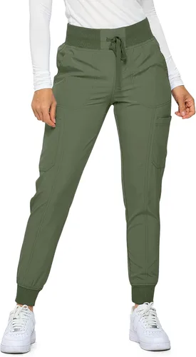 Vista 6 de Pantalones quirúrgicos para mujer de Monarch Uniforms, pantalones quirúrgicos jogger de canalé para mujer Negro