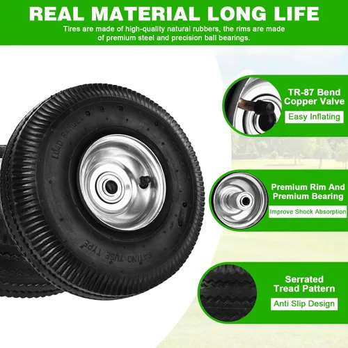 Vista 5 de RRQ Rueda neumática de 10" 4.10/3.50-4 Neumático, ruedas neumáticas de 10" con rodamientos de 5/8", cubo descentrado de 2.2" para carrito de jardín