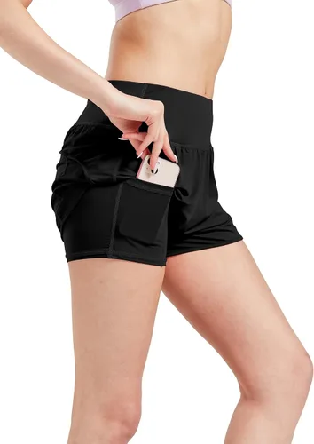 Vista 2 de YLDUJ AMUM Pantalones cortos deportivos de cintura alta para mujer con forro para entrenamiento, gimnasio, correr, con bolsillos con cremallera