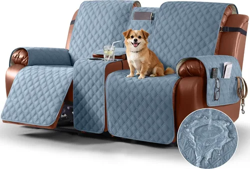 Vista 20 de Ruaozz Funda impermeable para sofá biplaza reclinable con consola, funda antideslizante para sofá reclinable dividido, con correas elásticas Beige