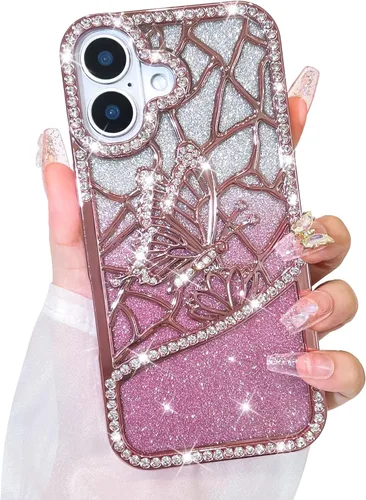 Vista 38 de Bonoma Funda con purpurina para iPhone 13 Pro Max, bonita funda 3D con patrón de chapado en degradado de mariposa de diamante, protección de cámara