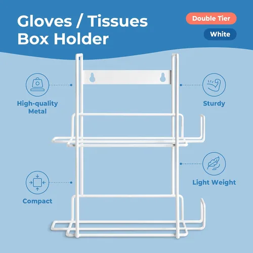 Vista 2 de FMP Brands Soporte doble para guantes para montaje en pared, soporte de caja de servilleta desechable, dispensador de metal duradero blanco