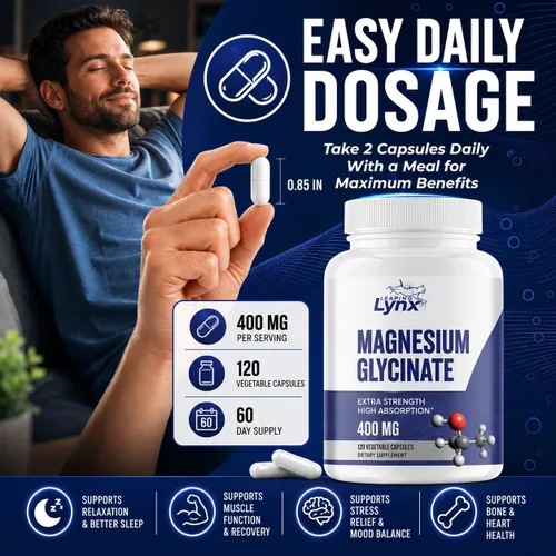 Vista 4 de Glicinato de magnesio 400 mg – Magnesio quelado de alta absorción, extra fuerte 120 cápsulas (suministro para 60 días) Calma, recuperación