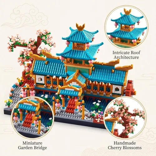 Vista 2 de JXRLMB Juego de bloques de construcción micro de Jardines Clásicos Chinos de Suzhou con Árbol de Sakura Desafío de Construcción para Adultos