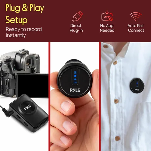 Vista 2 de Pyle Sistema de micrófono inalámbrico Lavalier, micrófono con clip con cancelación de ruido, batería 7H, audio de 360°, funda de carga USB-C