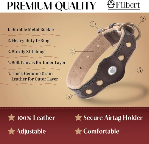 Vista 3 de Filbert Collar de cuero para perro con soporte para Airtag, collar de perro seguro mejorado, collar de cuero para perros medianos, collar de perro