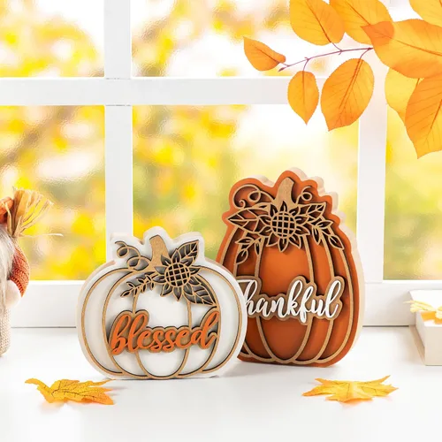Vista 4 de Glitzhome Juego de 2 decoraciones de calabaza de madera de Acción de Gracias (6 pulgadas y 8 pulgadas de alto) – Decoración de mesa de granja