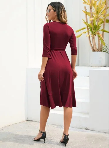 Vista 3 de OWIN Vestido de cóctel para mujer manga 34 cuello en V profundo casual para fiesta con lazo en la cintura dobladillo con volantes vestido envolvente