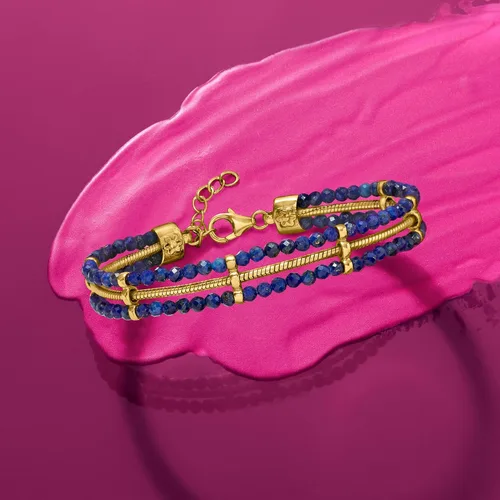 Vista 4 de Ross-Simons Pulsera de cuentas de lapislázuli y cadena de serpiente en oro de 18 quilates sobre esterlina. 7 pulgadas, Gema, Lapislázuli
