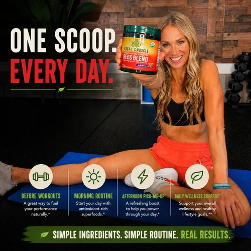 Vista 5 de Organic Muscle Superfood Reds para energía natural y salud de la piel Batido de jugo rojo orgánico USDA Vegano, ceto, sin OMG, sabor a bayas