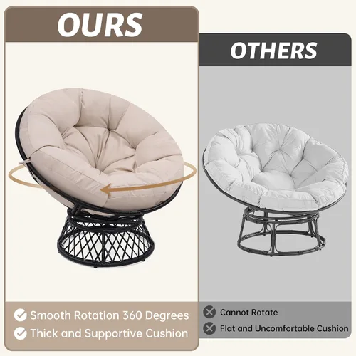 Vista 5 de KROFEM Silla Papasan Gigante de Ratán Ergonómica Extragrande de 46" con Cojín Suave y Grueso para Adultos, Giro Fluido de 360°, Resistente al Agua