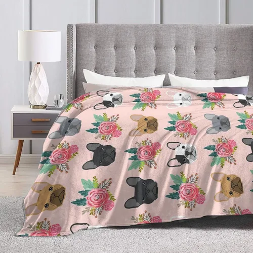 Vista 4 de HAZIMCS Manta de franela de felpa de forro polar, diseño floral de bulldog francés, lindo regalo para mascotas, razas de perro, para sillón