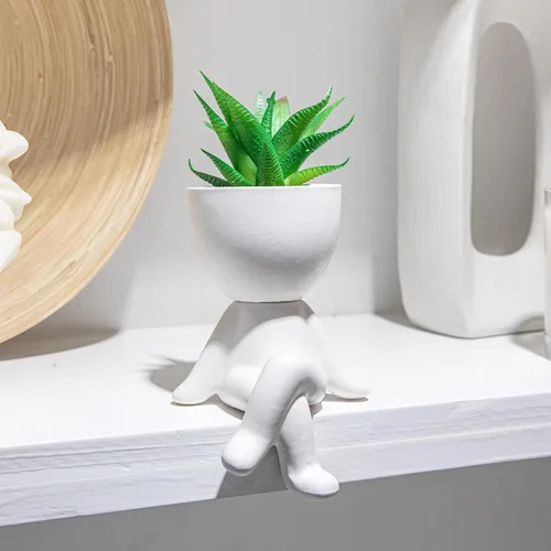 Vista 6 de 2 PCS Plantas Artificiales Suculentas Únicas Decoración de Oficina para Mujeres y Hombres, Pequeñas Plantas Falsas con Macetas en Forma Humana