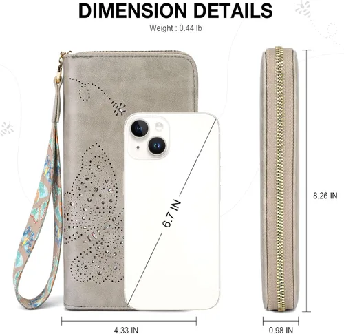 Vista 3 de Cartera RFID para mujer, cartera de gran capacidad con mariposa, cartera de teléfono celular, carteras de mano para mujer, carteras de pulsera