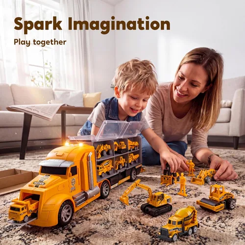 Vista 4 de JOYIN Juego de camiones de construcción 25 en 1 con 12 vehículos y 12 figuras de trabajadores, camiones de juguete Push and Go con sonido y luz