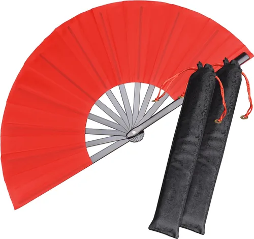 Vista 11 de Paquete de 2 ventiladores de mano plegables grandes, ventilador chino negro de Kung Fu Tai Chi, abanicos de tela de nailon para hombres y mujeres