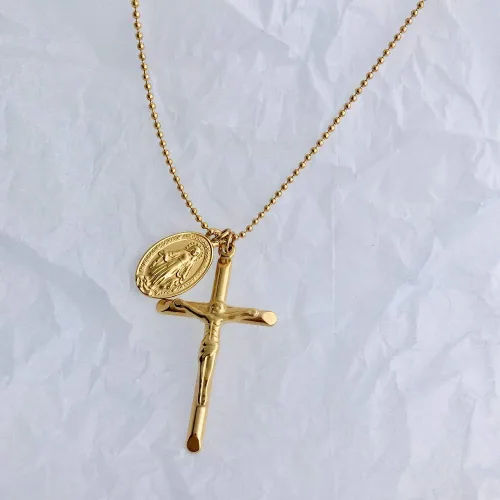 Vista 3 de Collar con colgante de cruz de crucifijo en el bautismo de la Virgen María católica cristiana para mujeres y niñas, delicado acero inoxidable
