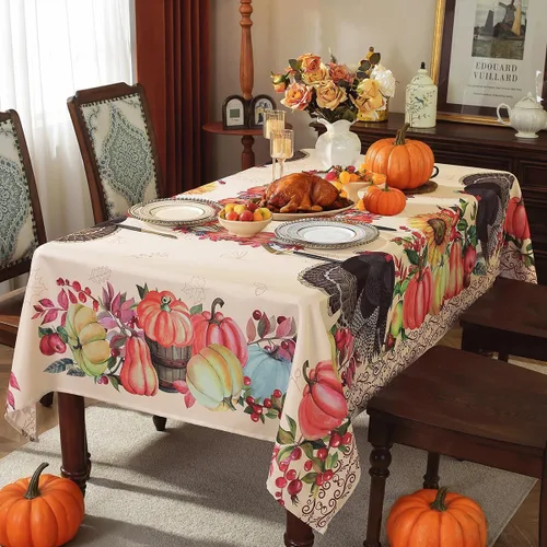 Vista 3 de SASTYBALE Mantel rectangular de Acción de Gracias, mantel de otoño con pavo y calabaza, lavable, resistente a las manchas, de poliéster