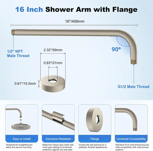 Vista 3 de Hibbent Brazo de extensión de ducha de metal de 16 pulgadas, brazo de ducha extra largo de acero inoxidable con brida, extensor de cabezal de ducha