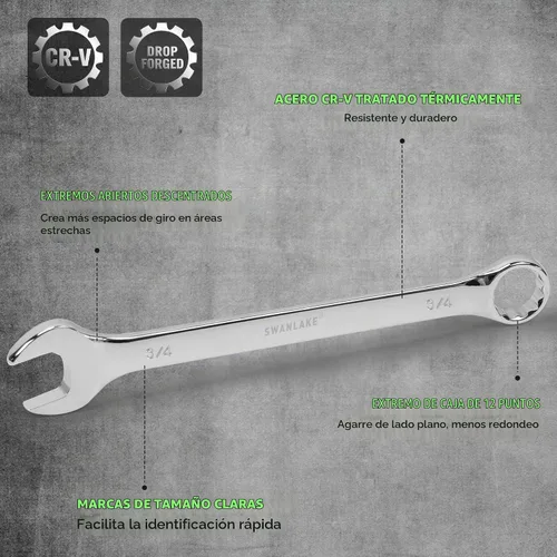 Vista 3 de SWANLAKE GARDEN TOOLS Juego de llaves SAE de 15 piezas, juego de llaves combinadas premium con muesca en V, SAE de 1/4" a 1", par máximo, 12 puntos