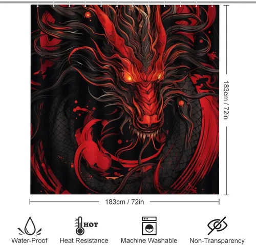 Vista 2 de Juego de 4 cortinas de ducha clásicas de dragón, animales mitológicos, criatura roja fuego, juego de baño con cortina de ducha, alfombra para tapa
