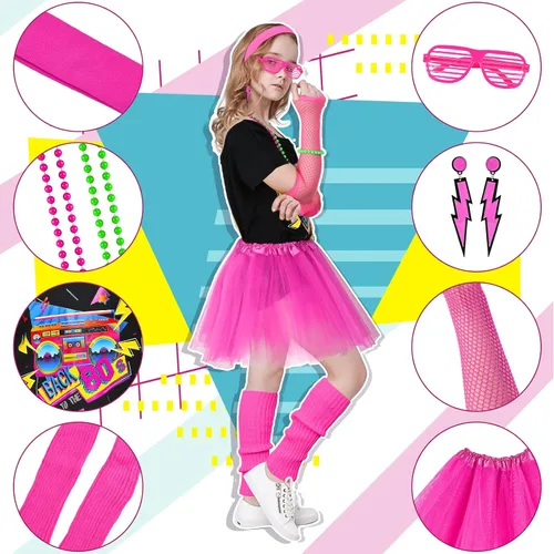 Vista 5 de Latocos 14 Pcs 80s Costume Accessories T-Shirt Tutu Skirt Outfits Halloween Cosplay 1980s Theme Retro Party Girls