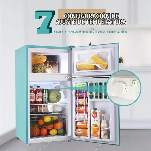 Vista 5 de WANAI Mini Refrigerador Compacto Pequeño con Congelador, Mini Refrigerador Retro con Doble Puerta, 7 Termostato Ajustable, Estantes Ajustables Para