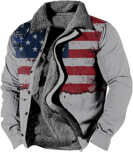 Vista 8 de LOAIHA Chaqueta de invierno para hombre, chaqueta de bandera estadounidense, abrigos occidentales para hombre, con cremallera, forro polar cálido