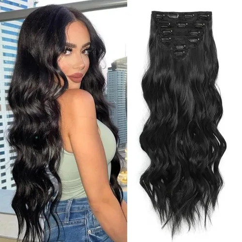 Vista 21 de Fliace Extensiones de cabello con clip para mujer, extensiones de cabello ondulado largo de color marrón medio, extensiones de cabello sintético