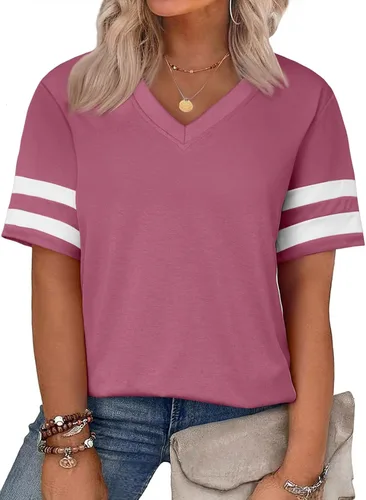 Vista 74 de Eytino Blusas de talla grande para mujer, cuello en V, manga corta, a rayas, casual, holgada, con bolsillo (1X-5X)