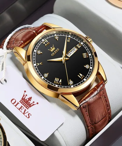 Vista 3 de OLEVS Tienda Watches, reloj de cuero marrón para hombre, reloj de fecha para hombre, reloj luminoso para hombre, reloj de vestir para hombre, reloj