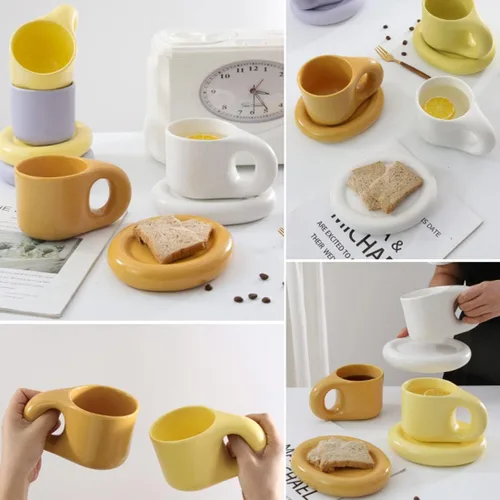 Vista 4 de Taza de café de cerámica, juego de tazas de café de cerámica de 10 onzas, tazas de capuchino de porcelana para café con leche, juego de tazas