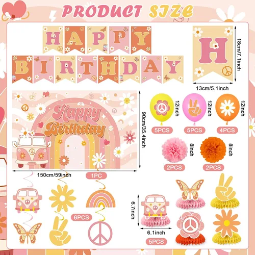 Vista 3 de Decoraciones de cumpleaños geniales para niñas y niños, retro hippie margarita, pancarta de feliz cumpleaños, telón de fondo de panal de abeja