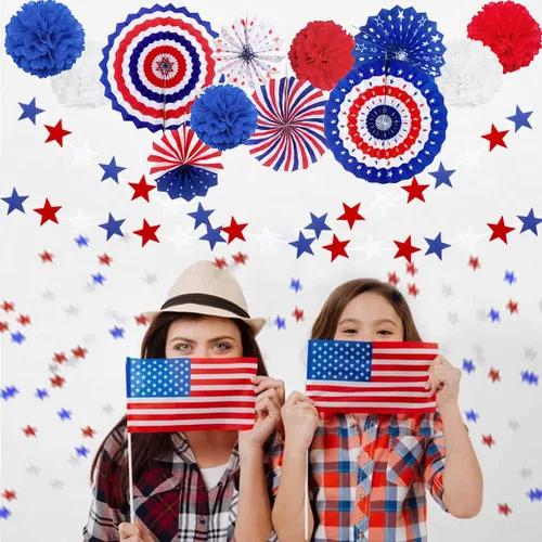 Vista 4 de MOVINPE Juego de decoraciones patrióticas para fiestas del 4 de julio, abanicos de papel para colgar con la bandera estadounidense, flores