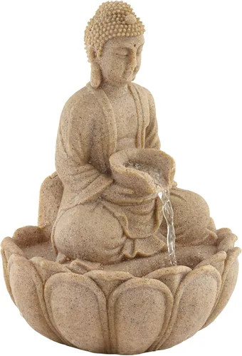 Vista 7 de Calm Buddha - Fuente de mesa de piedra de arena de 14 pulgadas de alto con luz LED de cascada para jardín, patio, escritorio, patio trasero, porche