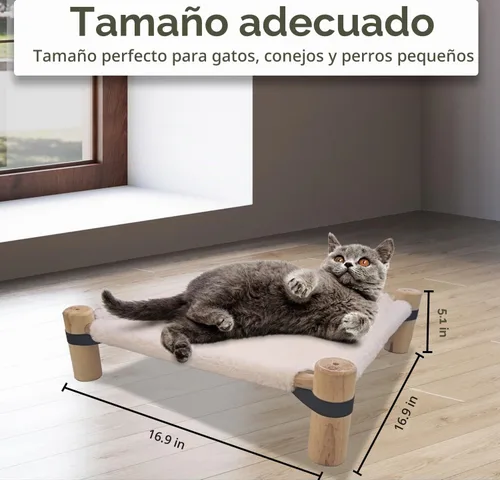 Vista 3 de Pozico Cama hamaca para gatos – Cama elevada de madera para gatos/perros con tela esponjosa de invierno – Mueble elevado para mascotas para perros