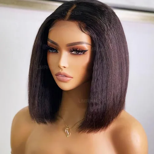 Vista 3 de Pelucas de cabello humano corto Yaki Bob de 10 pulgadas para mujer, con encaje frontal de 13 x 4 pulgadas, sin pegamento, corte corto