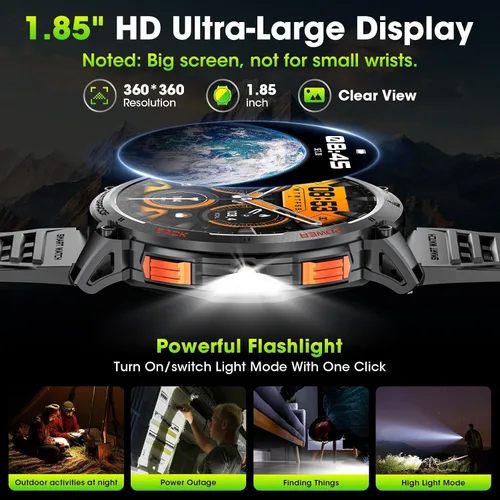 Vista 2 de Military Smart Watches for Men, 1.85" HD Large Screen Smart Watch, Flashlight/730mAh/110+ Sports Modes Fitness Tracker Watch, Waterproof Mens Smart