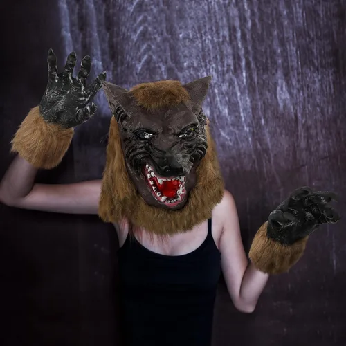 Vista 6 de Wettarn Disfraz de máscara de hombre lobo de Halloween para adulto, máscara de cabeza de hombre lobo, cola de lobo de piel sintética gris, guantes