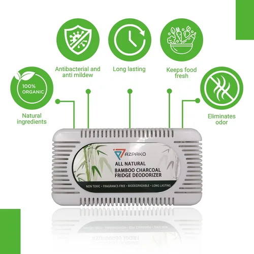 Vista 3 de Desodorizador para refrigerador (paquete de 2) – Desodorante de carbón activado de bambú natural – Eficaz que el bicarbonato de sodio – Removedor