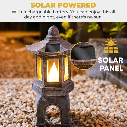 Vista 5 de VP Home Estatua asiática alimentada por energía solar, decoración de jardín de pagoda, linterna de jardín zen al aire libre, luz LED parpadeante